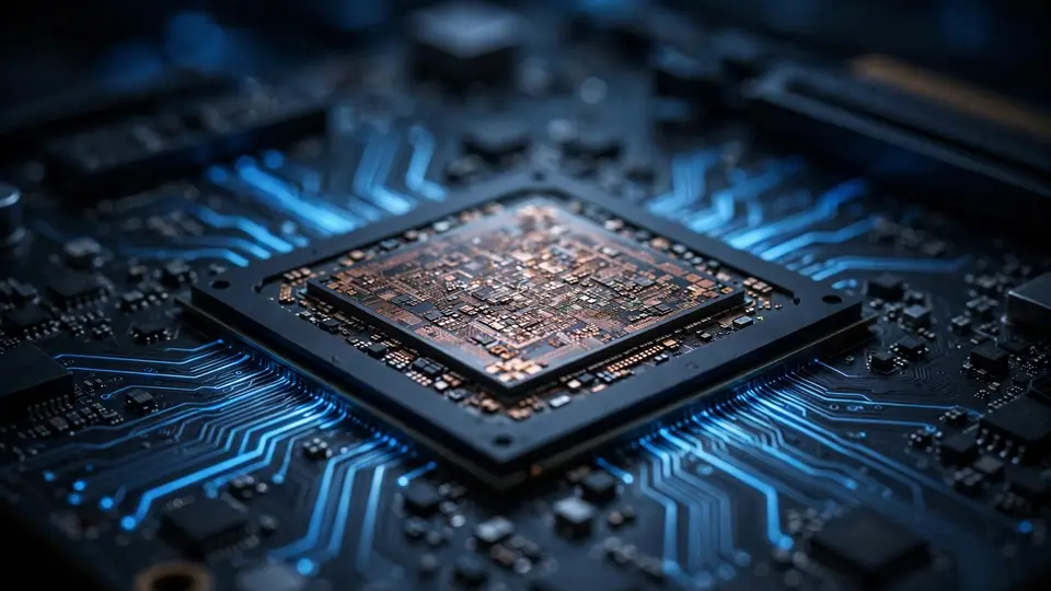 A GPU chip on a motherboard with glowing blue circuit traces