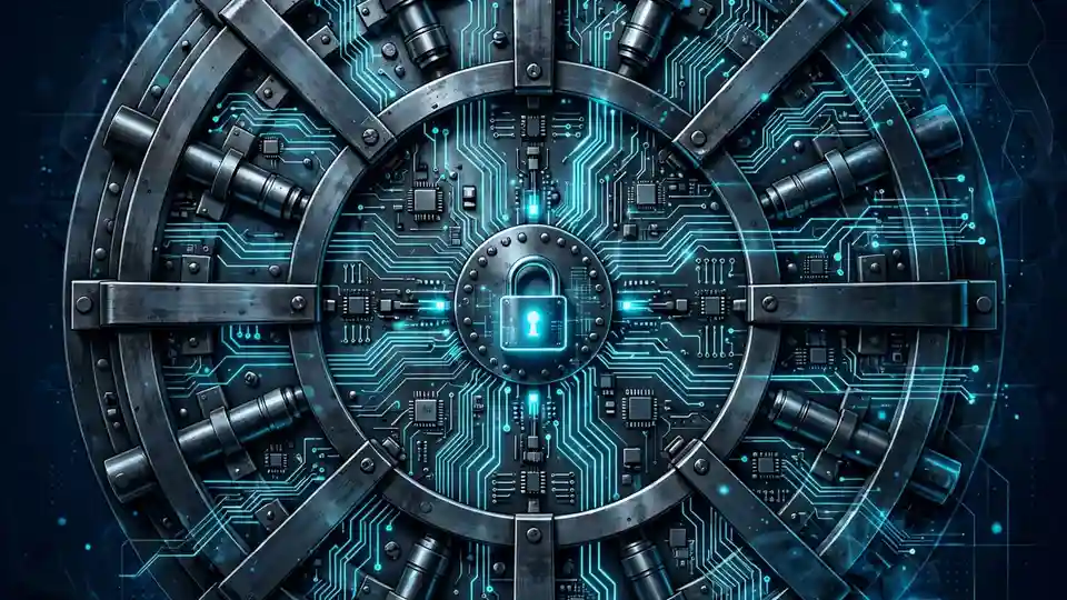 A steel vault door merged with glowing circuit patterns and a padlock