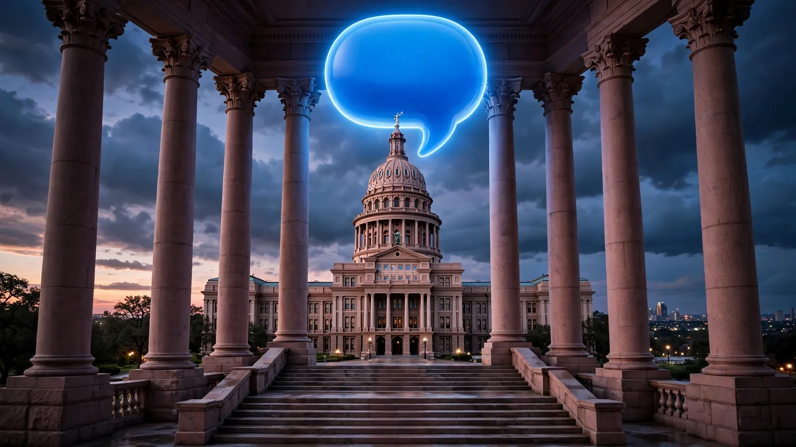 The Texas State Capitol dome at dusk framed by courthouse columns, with a glowing blue chat bubble above the steps