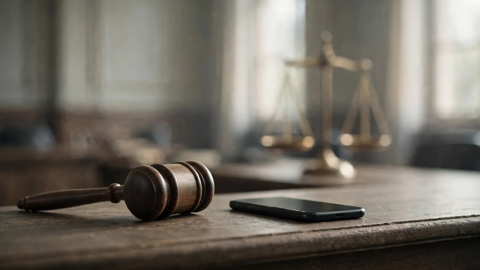 A judge's gavel beside a smartphone on a courtroom bench, with scales of justice blurred behind
