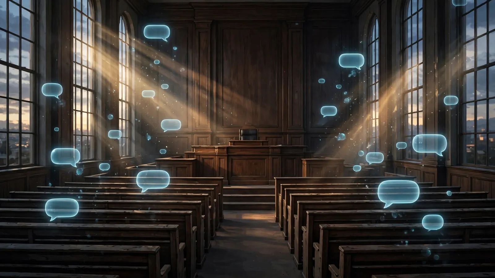 An empty courtroom at dusk with glowing chat bubbles drifting in shafts of light through tall windows