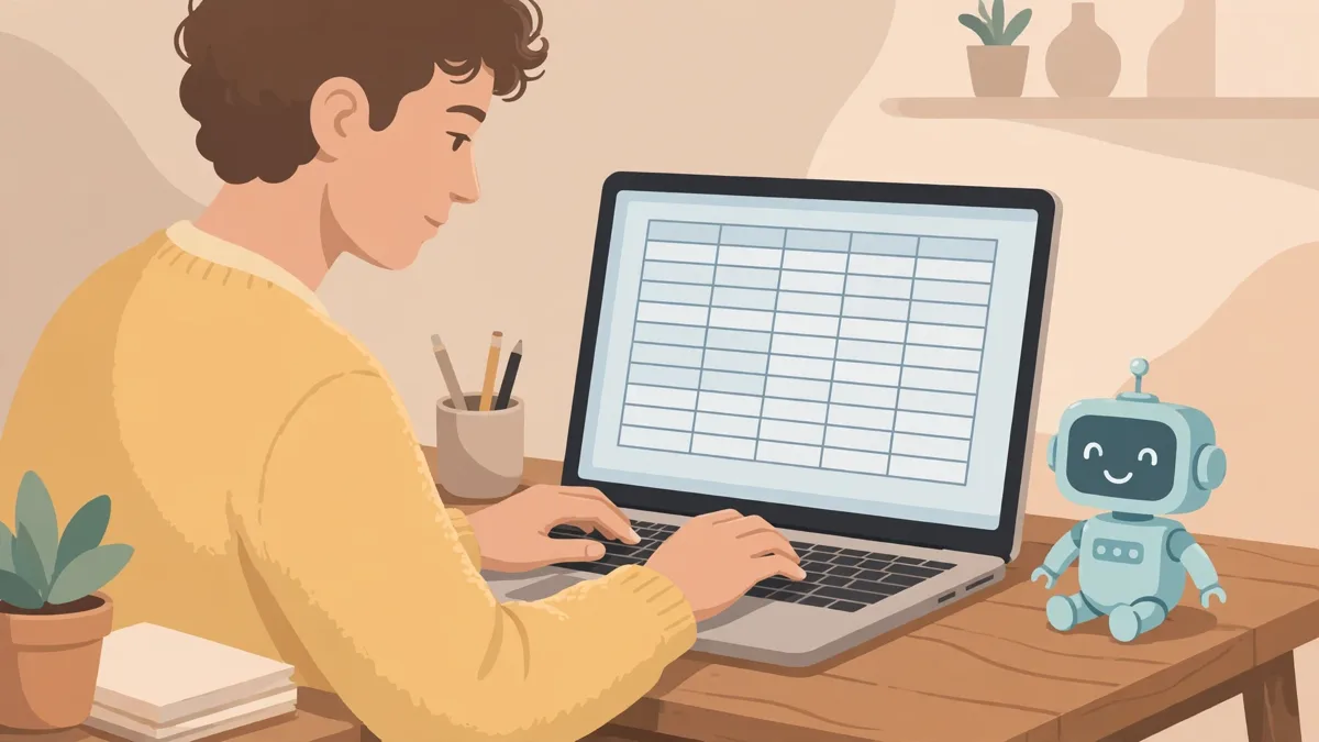 A person typing a question at a laptop showing a database table, with a small robot assistant beside it
