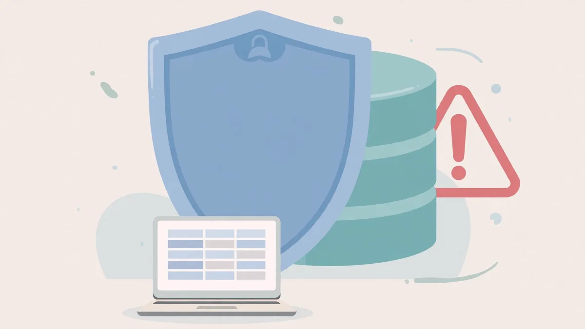 A shield protecting a database cylinder, with a warning symbol behind it