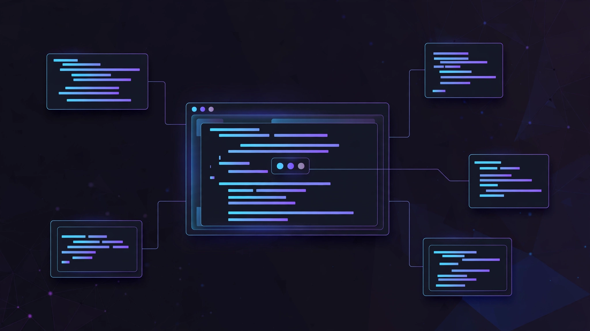 A central code editor window connected to separate workspace panels, each holding its own code