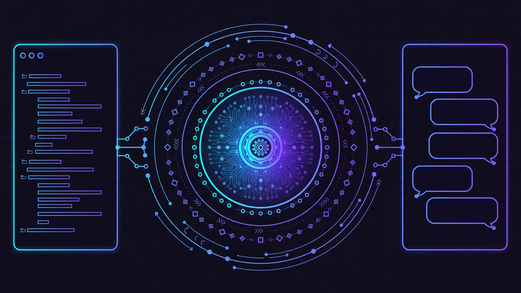 Three concentric rings between an editor panel and a chat panel, representing the engine host, wire protocol, and UI client