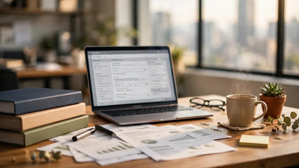 A sustainability analyst's desk with ESG disclosure paperwork and a laptop