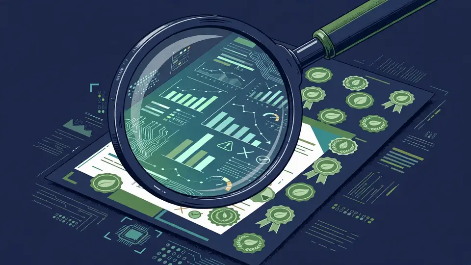 A magnifying glass examining green marketing claims and badges, concept of greenwashing detection