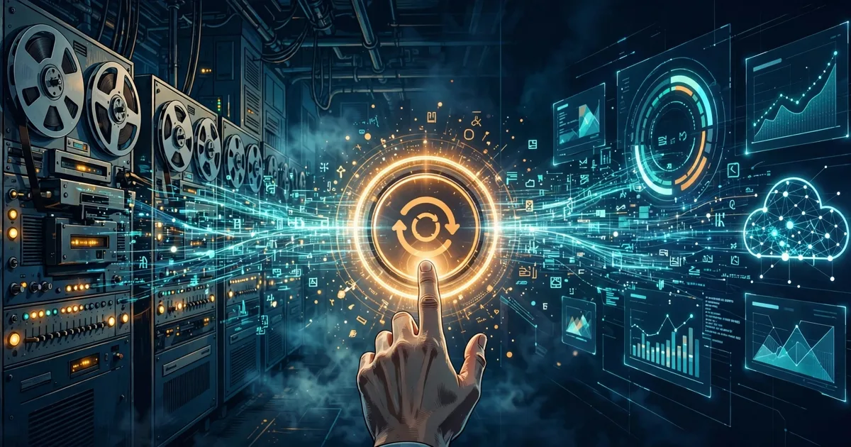 Editorial illustration of a mainframe computer hall dissolving into streams of modern Python code and a cloud banking dashboard, with a human hand pressing a glowing approval button