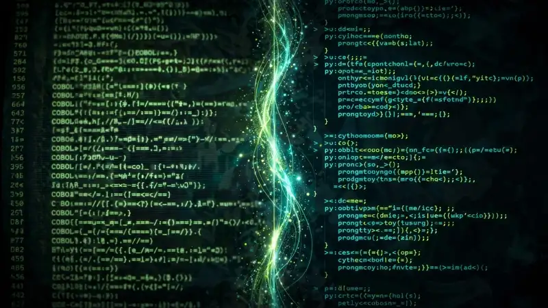 Illustration of vintage terminal code lines morphing into clean modern Python code across a shimmering seam