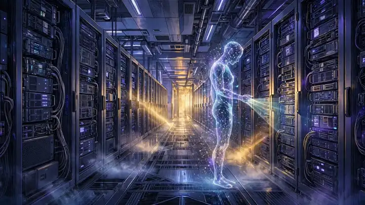 Illustration of a holographic AI agent silhouette inspecting a modern cloud data center corridor