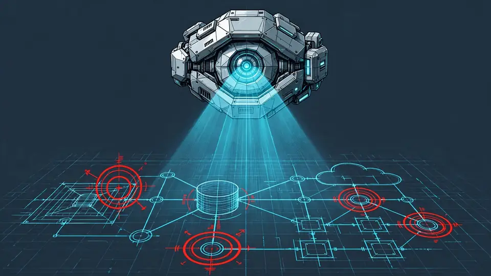 An AI assistant scanning a software architecture diagram and flagging vulnerability markers