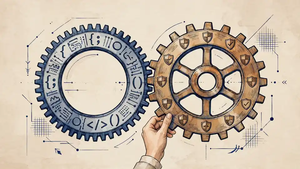 Security gears meshing with software development as a hand keeps them in sync