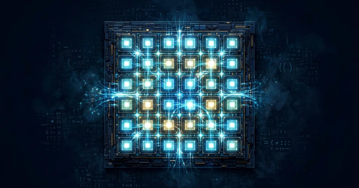 Glowing GPU die divided into tiled blocks with streams of light between tiles