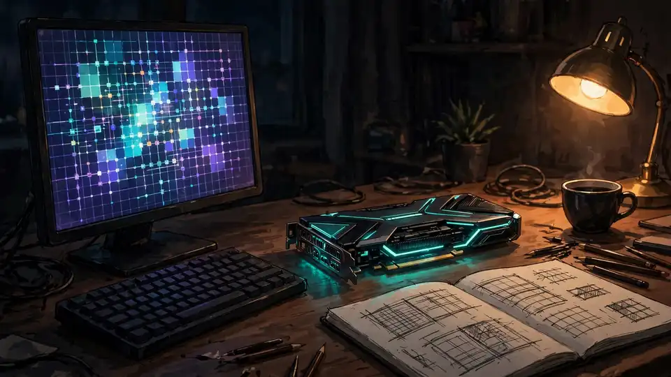 Developer workspace at night with a glowing GPU and matrix-grid code on the monitor