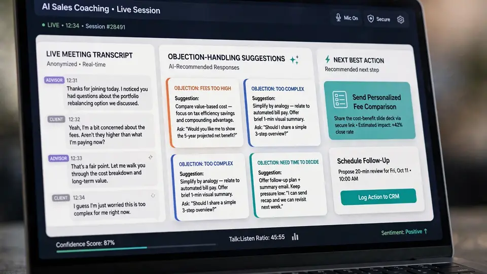 Illustration of an AI coaching dashboard transcribing an advisor's client meeting in real time.