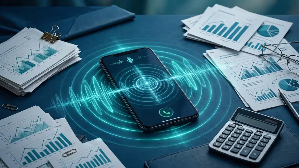 Illustration of an AI voice assistant answering an incoming call at a financial advisor's desk.