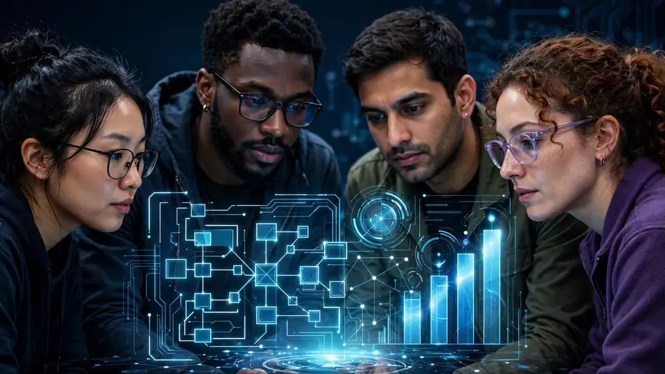 Software engineers collaborating around a glowing screen showing code and benchmark scoreboards