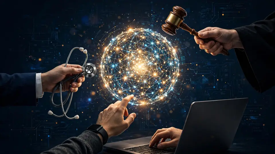 Hands of domain experts reaching toward a glowing neural network sphere