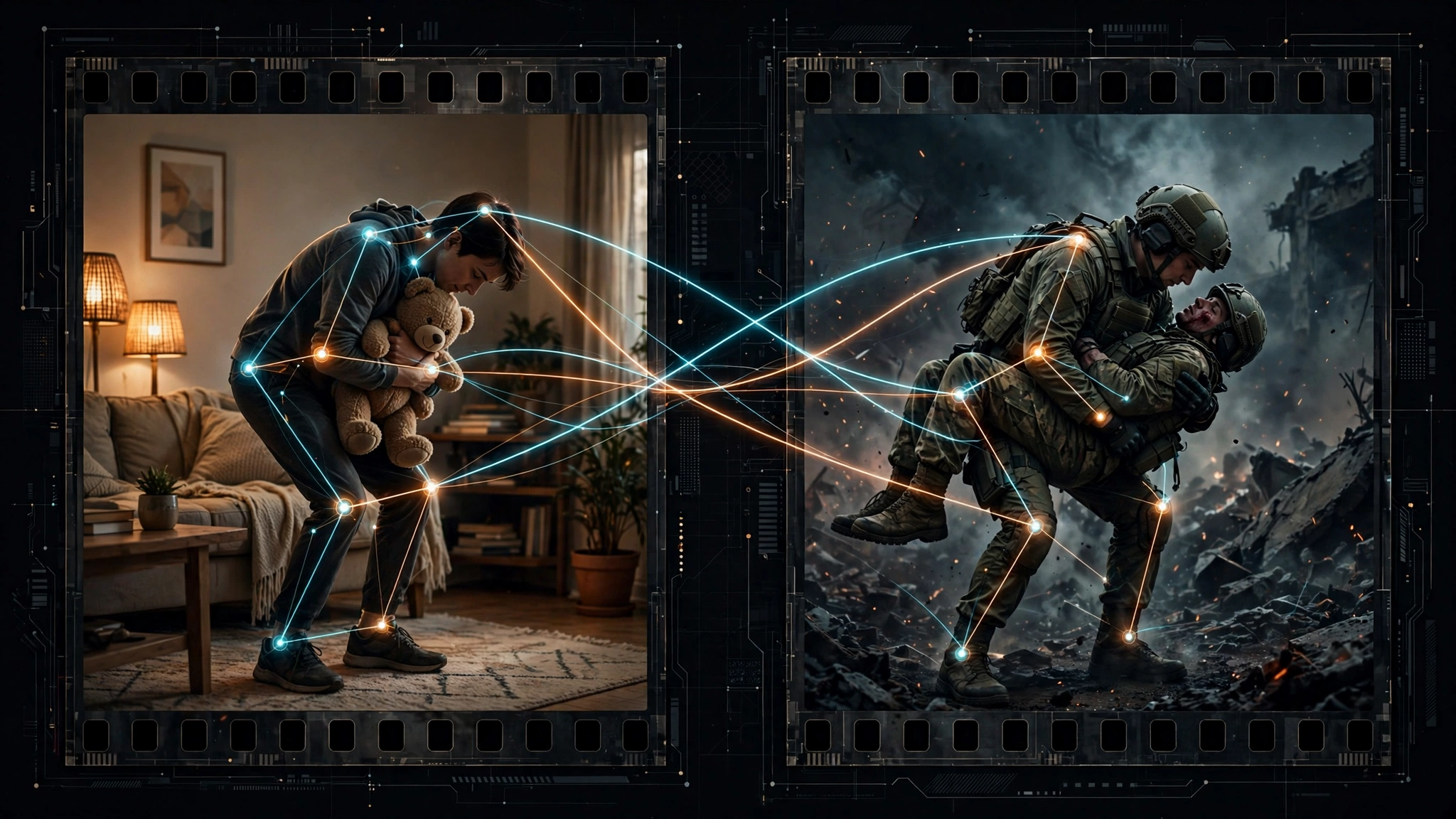 Two film frames connected by glowing motion-trajectory lines: a person holding a teddy bear in a living room becomes a soldier carrying a comrade on a battlefield