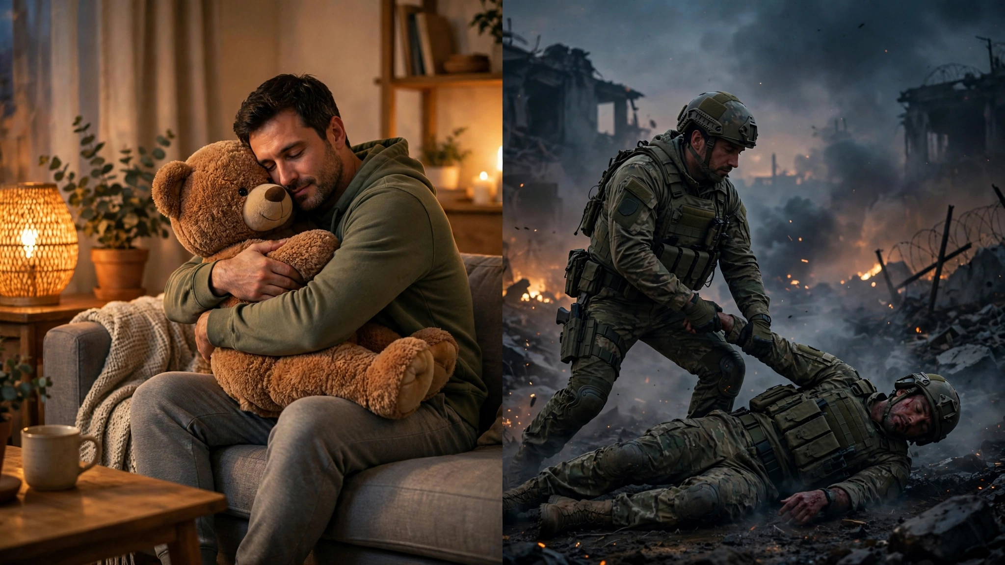 Play: 19-second Topview AI demo turning a teddy-bear hug into a battlefield rescue with the same motion