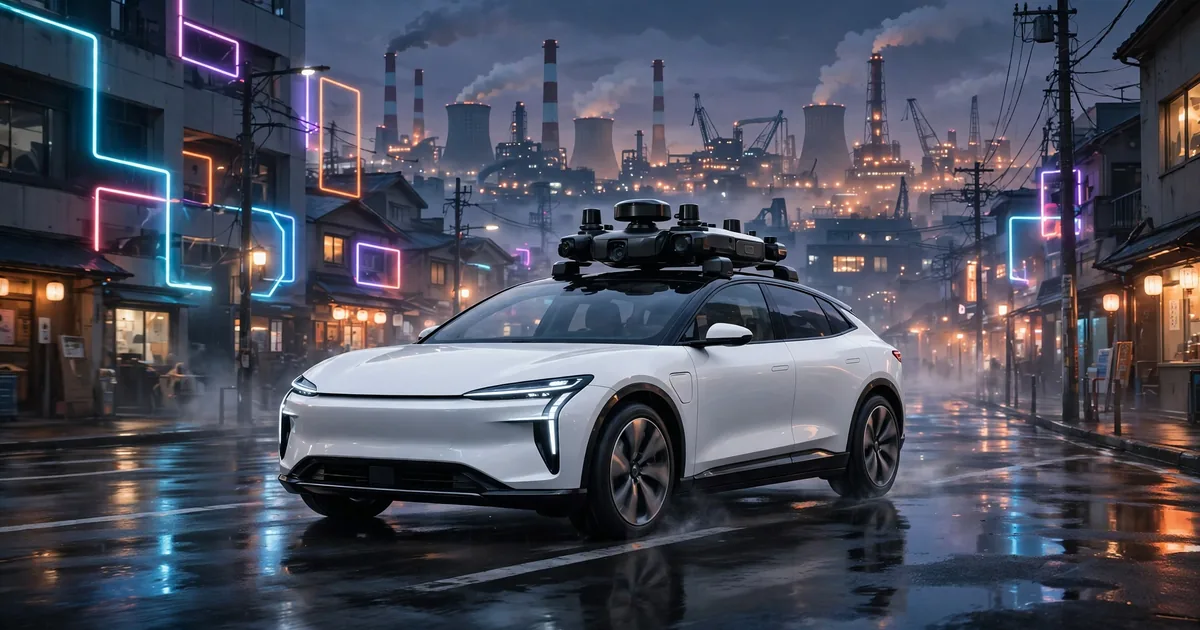 A white electric SUV with a roof-mounted autonomous driving sensor pod on a Tokyo street at dusk