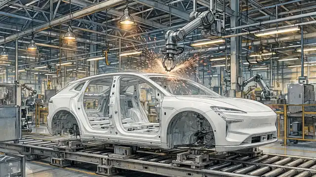 A white electric SUV body shell on a factory assembly line, with a robotic arm working above it amid sparks