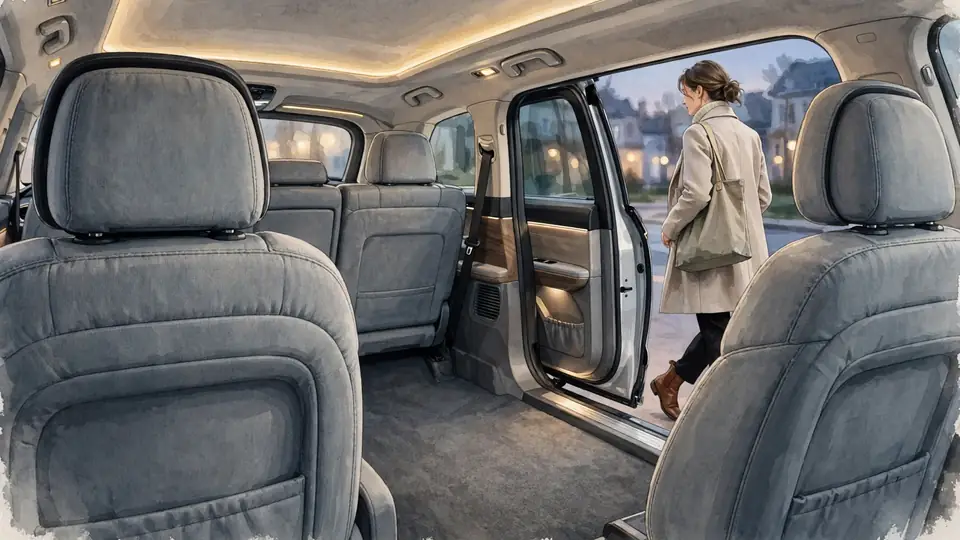 The spacious interior of an autonomous ride-hailing vehicle, with generous rear legroom and an open door with ambient lighting