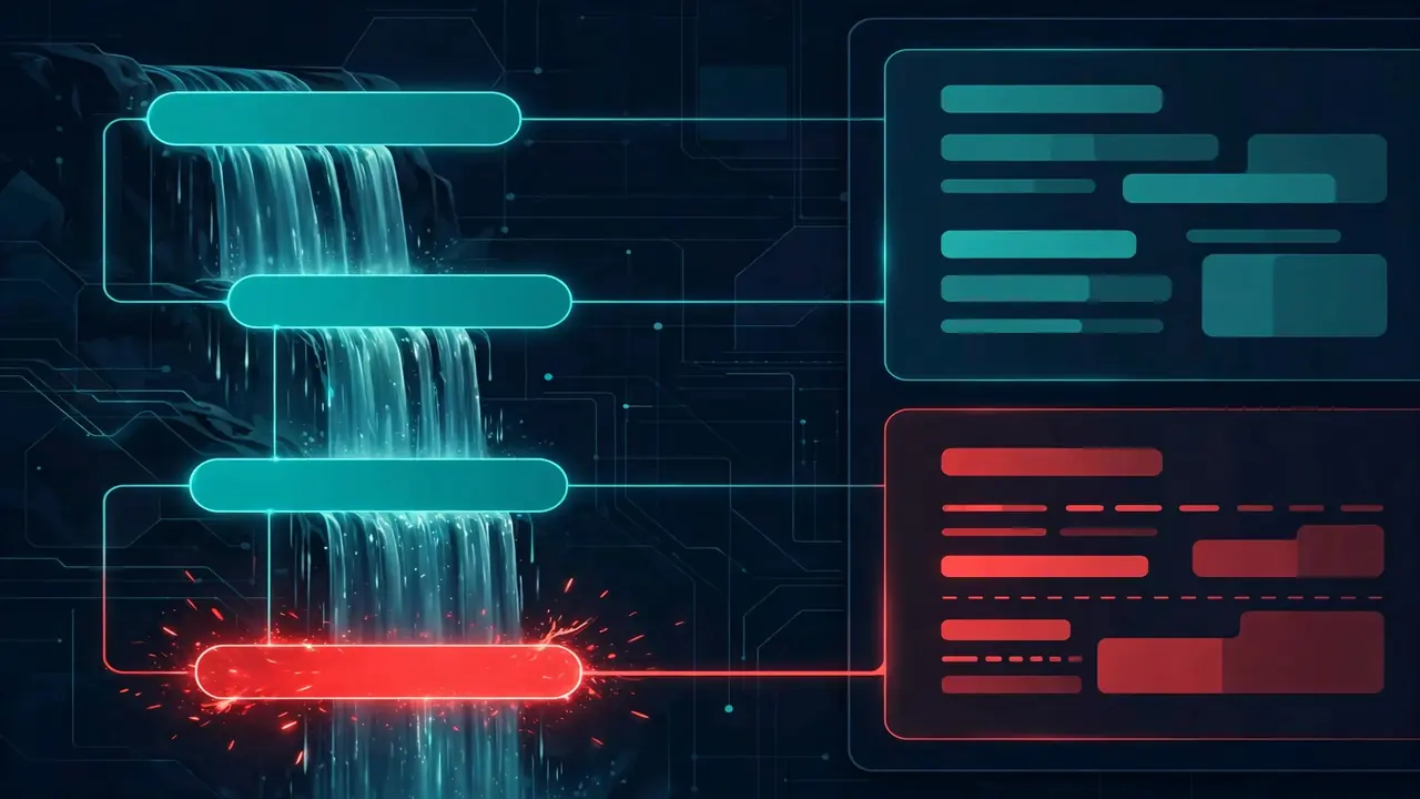 A waterfall trace timeline of an AI agent session with one failing span glowing red