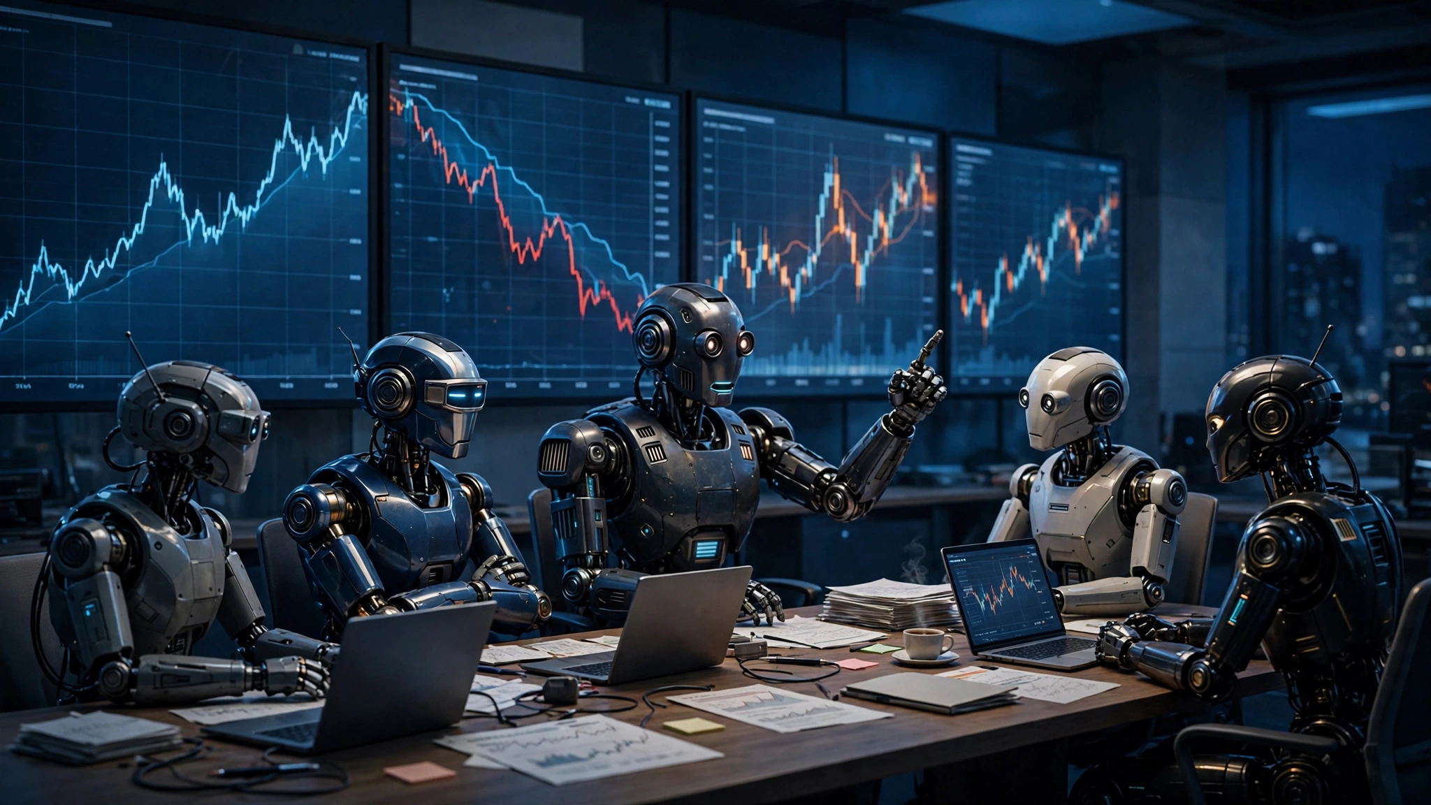 Robot analysts debating around a trading-desk table in front of market-chart screens