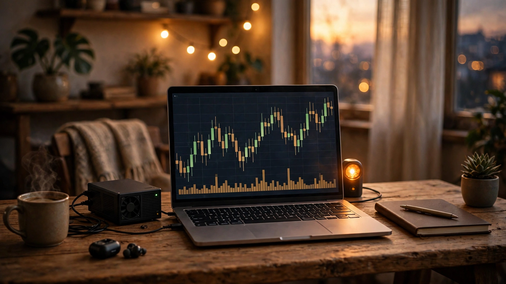 A laptop on a home desk showing a candlestick chart with an amber signal light