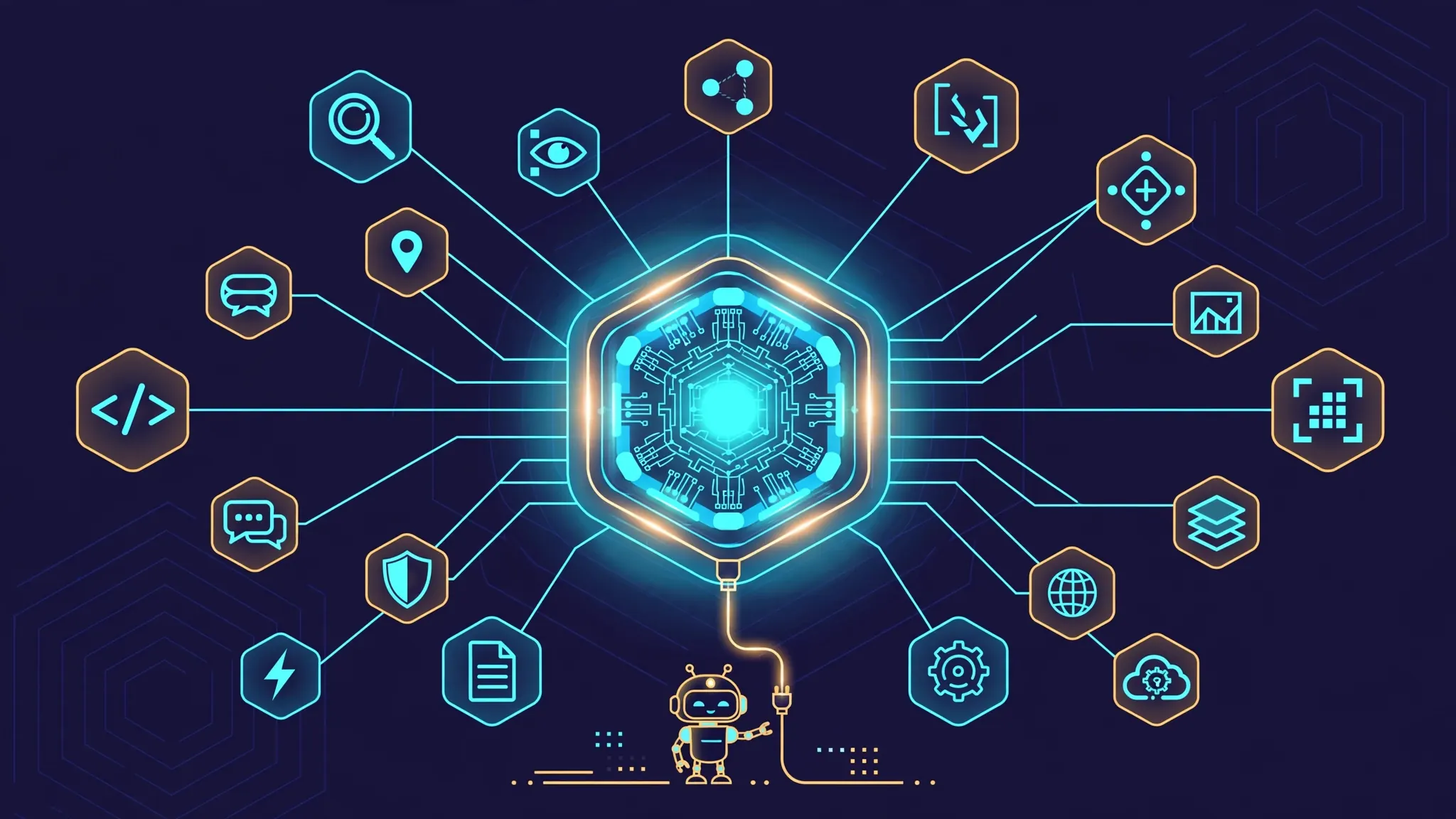 Editorial illustration: a glowing central registry hub with API connection lines fanning out to many service nodes, a robot agent plugging in a single cable