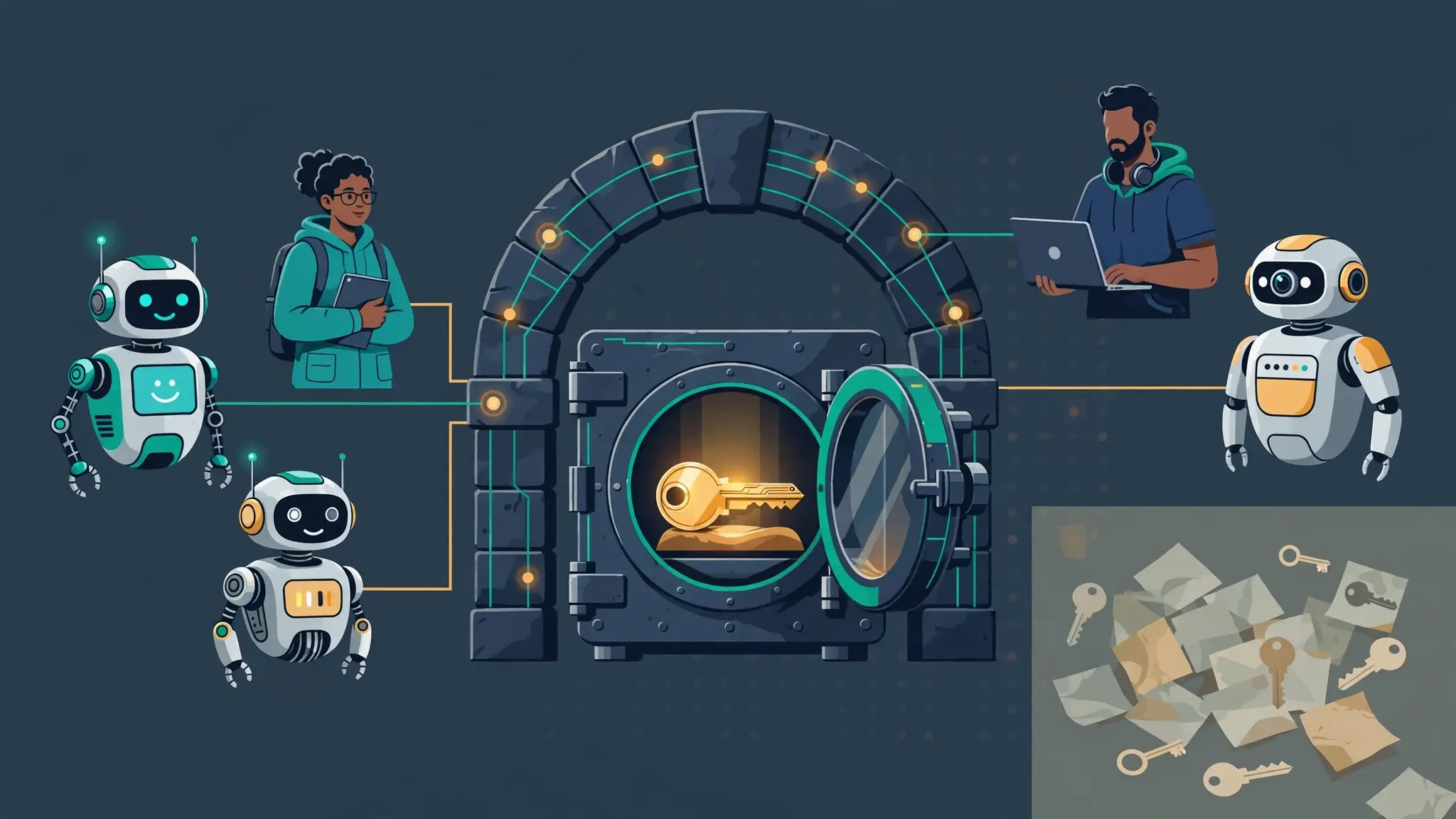 Illustration of team credential sharing: one vault holding a single API key serves many agents and developers through a shared gateway