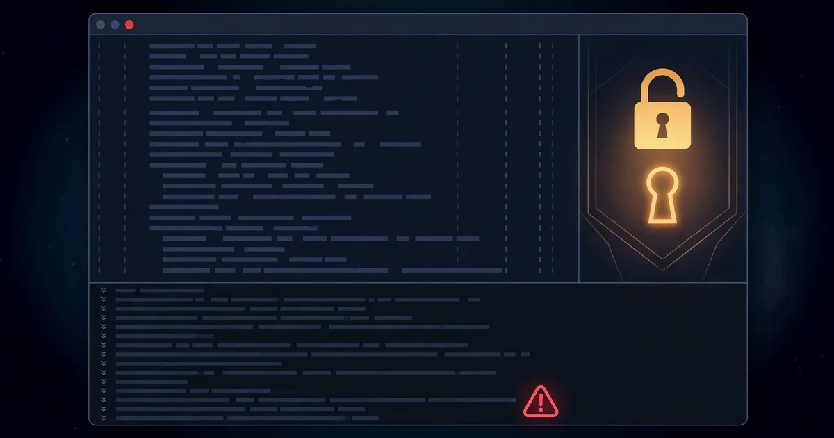A dark code editor window with an open padlock and keyhole motif and a red warning triangle