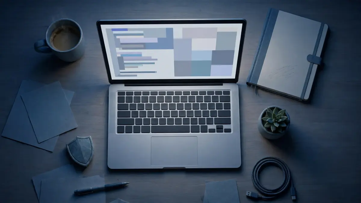 A developer desk at night with a laptop showing abstract blocks of code and a small shield paperweight