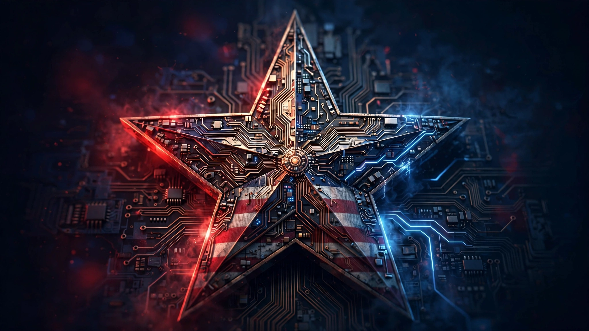 Editorial illustration of a star emblem fused with circuitry, symbolizing the proposed AI Force