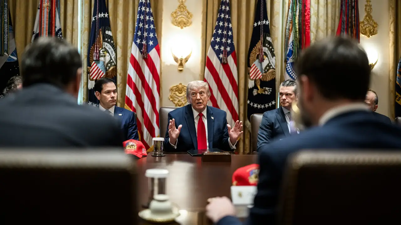 President Trump speaks during a White House meeting, flanked by American flags