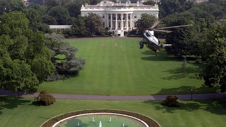 Marine One helicopter over the White House South Lawn