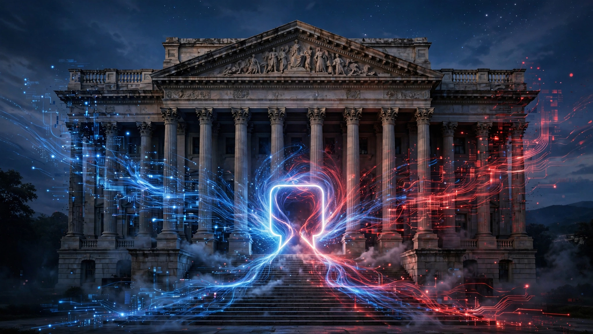 Editorial illustration of a neoclassical government building dissolving into glowing blue and red data streams that form a chat-bubble doorway