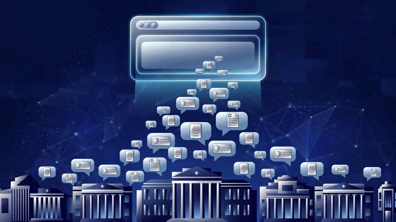 Illustration of a glowing government chatbot window with service document icons rising from federal buildings