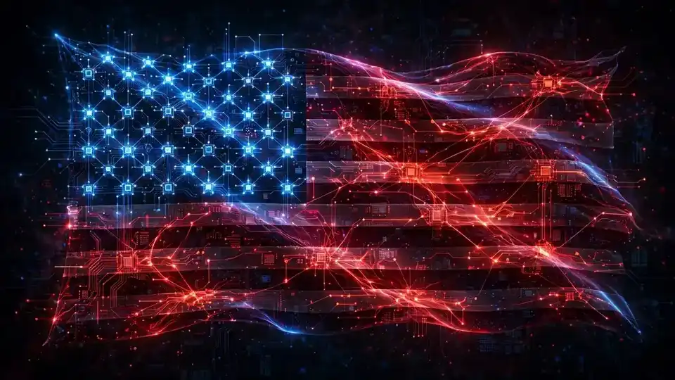 Abstract digital illustration of the U.S. flag made of glowing neural-network lines