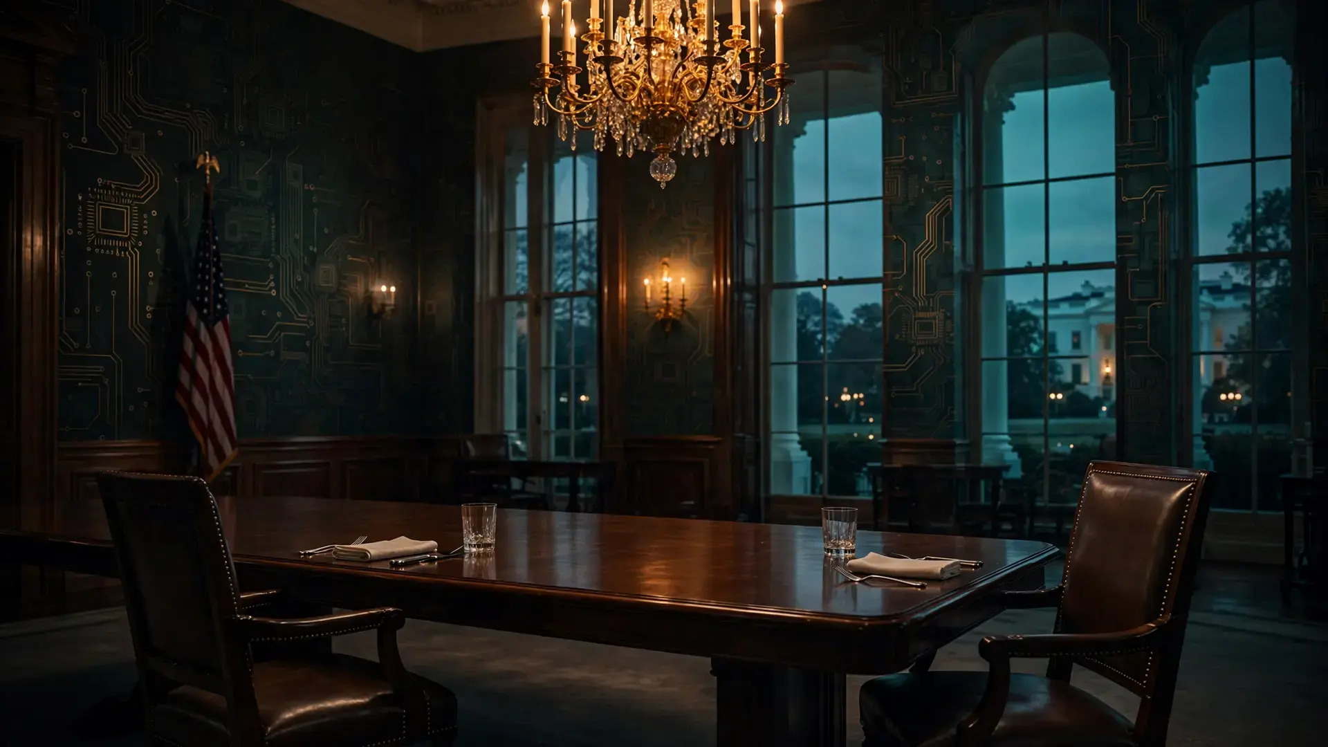 A White House-style dining room at dusk with two empty chairs across a long table, a glowing chandelier, and circuit patterns etched into the walls