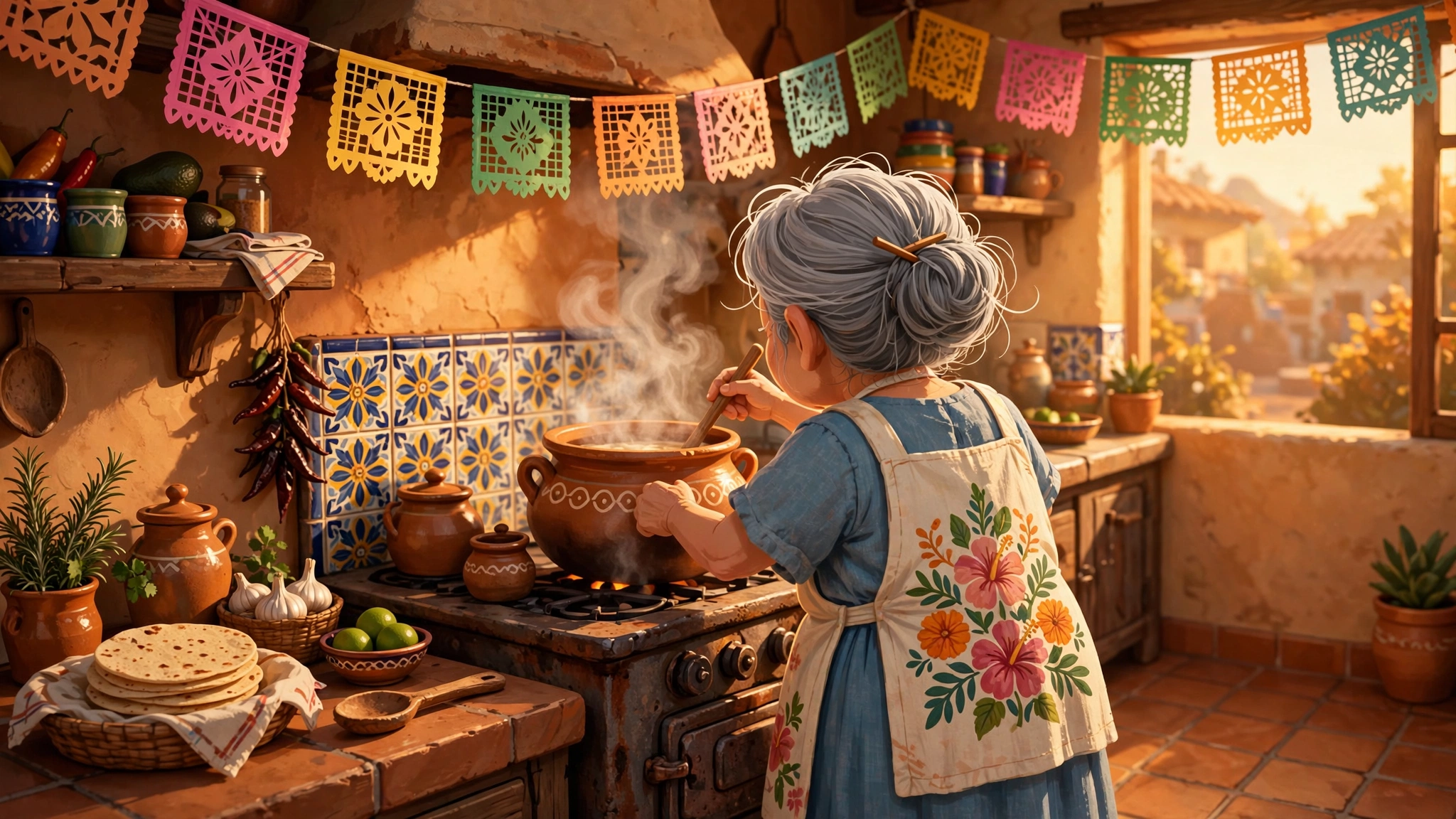 Stylized illustration of an elderly grandmother cooking in a warm Mexican kitchen