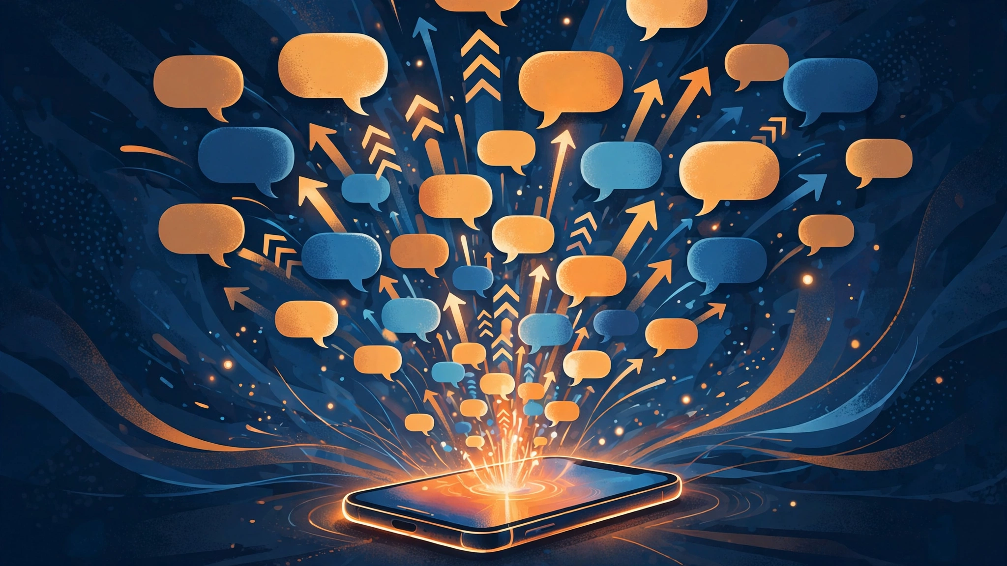 Illustration of speech bubbles and upvote arrows erupting from a smartphone, evoking a viral comment thread