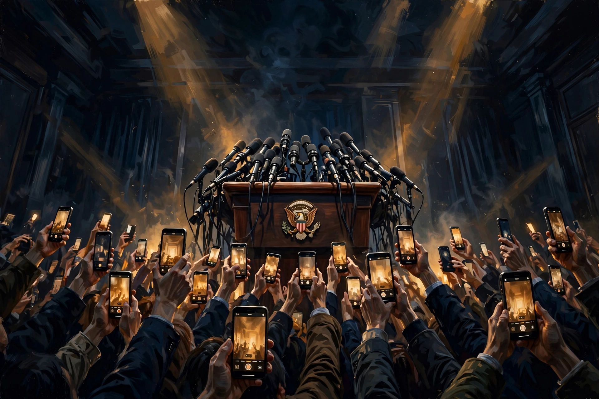 Editorial illustration: a press briefing podium with microphones under spotlights as a crowd of reporters holds up smartphones