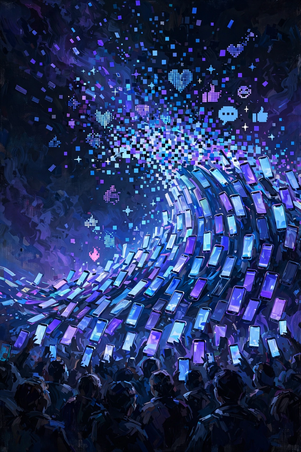 Editorial illustration: a wave of glowing smartphones dissolving into comment reactions, representing the viral comment storm