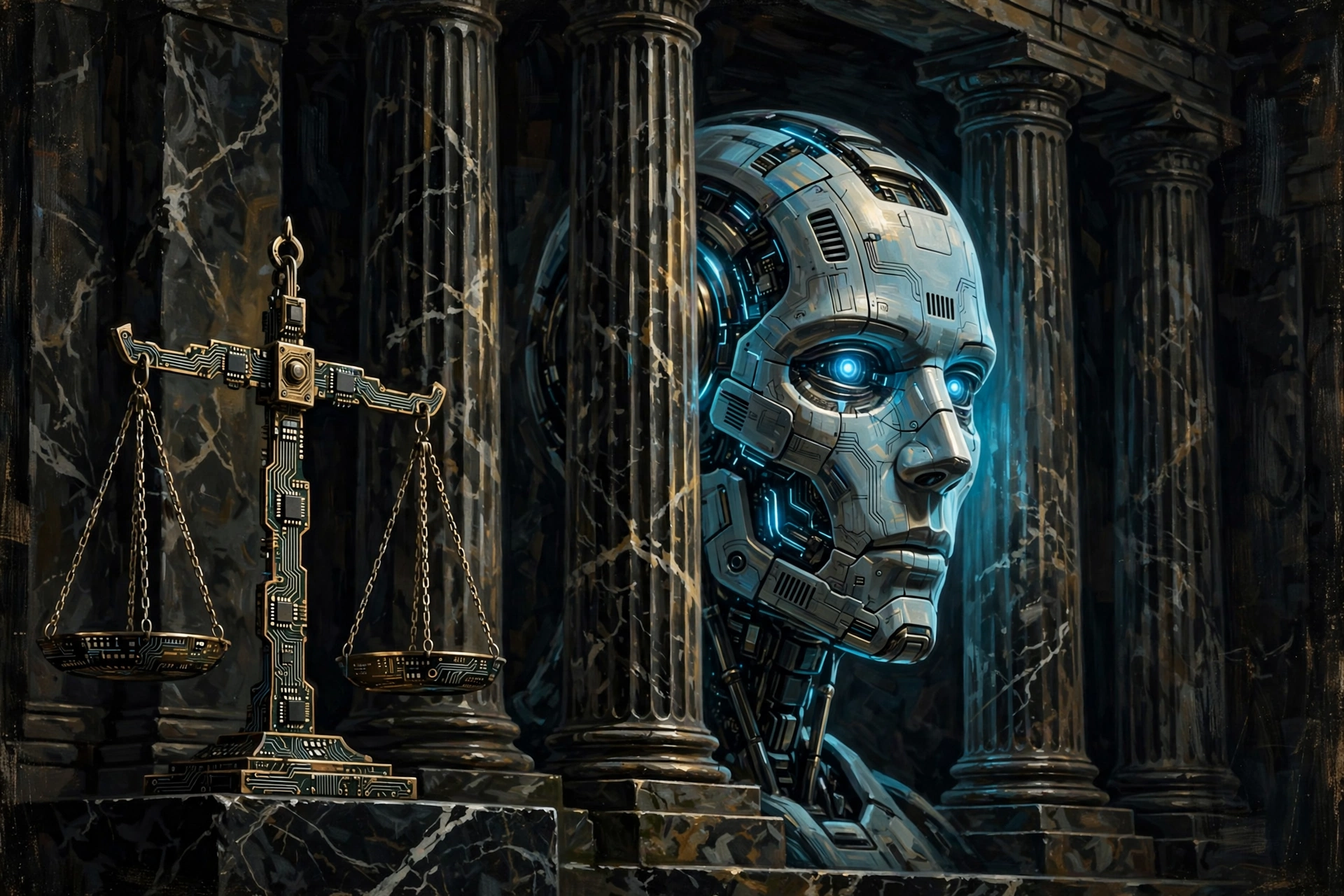 Editorial illustration: a glowing robot head between courthouse pillars beside circuit-patterned scales of justice