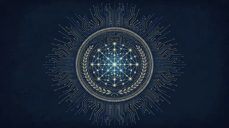 Editorial illustration of a federal task-force seal stylized around a neural-network emblem