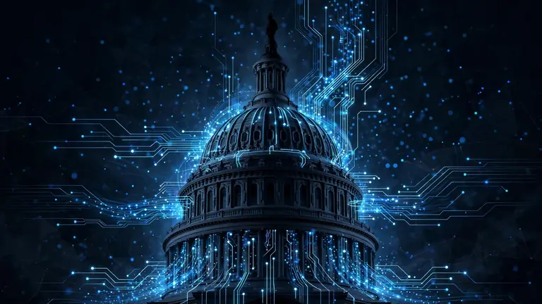 Editorial illustration of the Capitol dome entwined with glowing circuit traces