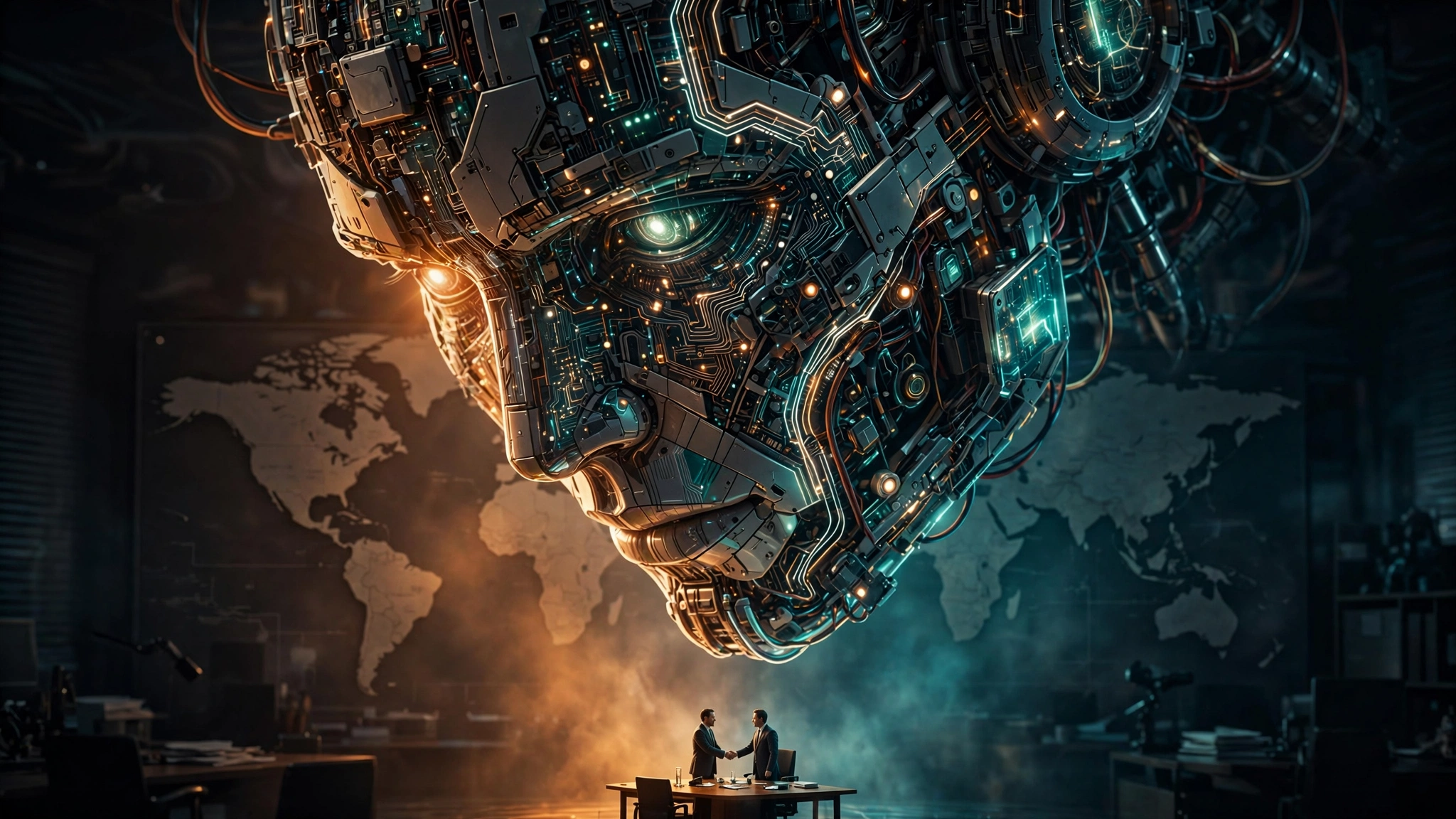 Editorial illustration of a giant robot head looming over two diplomats shaking hands