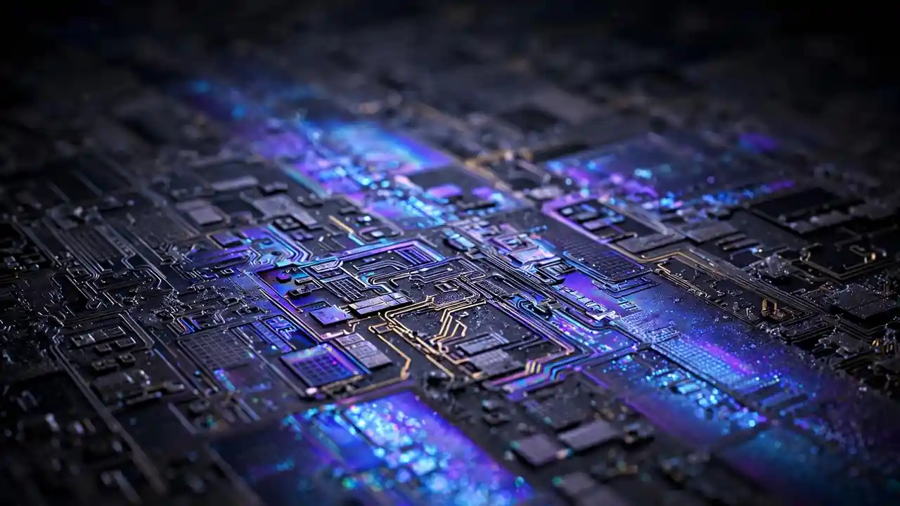 AI-generated illustration of a silicon wafer with etched chip patterns.